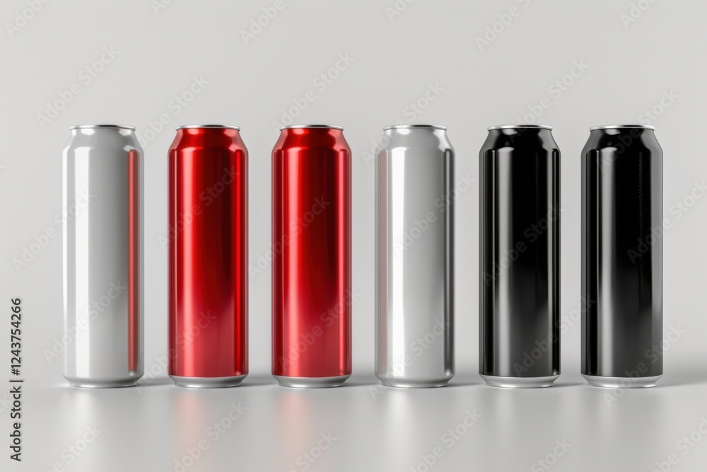 Elegant 3D render of aluminum slim cans in silver, white, black, and red, standing upright on a white background, ideal for beer can mockup templates Elegant 3D render of aluminum slim cans in silver, white, black, and red, standing upright on a white background, ideal for beer can mockup templates