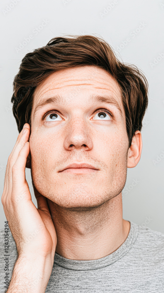 Contemplative man looking up indoor space portrait neutral colors close-up Contemplative man looking up indoor space portrait neutral colors close-up