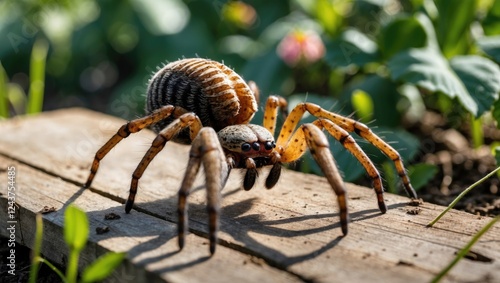 Spider with unique outgrowth on its body exploring a wooden board in a vibrant summer garden setting. photo