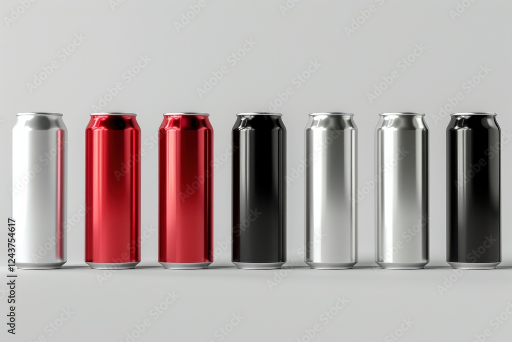 Elegant 3D render of aluminum slim cans in silver, white, black, and red, standing upright on a white background, ideal for beer can mockup templates Elegant 3D render of aluminum slim cans in silver, white, black, and red, standing upright on a white background, ideal for beer can mockup templates