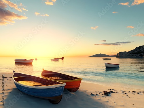 Mediterranean beach, rustic boats, warm sunset glow, 3D illustration