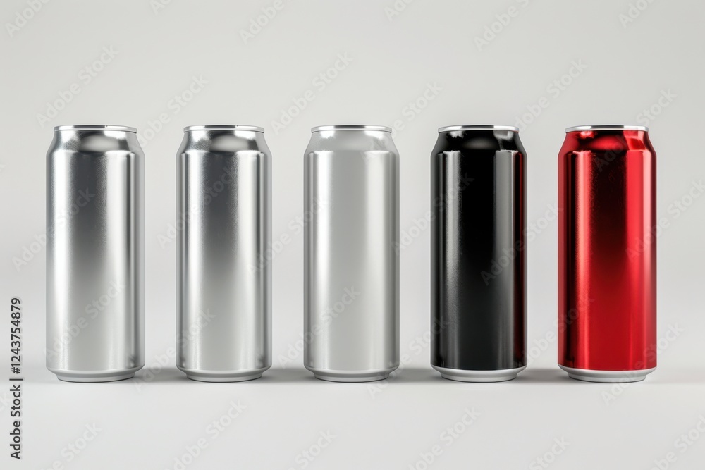 Elegant 3D render of aluminum slim cans in silver, white, black, and red, standing upright on a white background, ideal for beer can mockup templates Elegant 3D render of aluminum slim cans in silver, white, black, and red, standing upright on a white background, ideal for beer can mockup templates