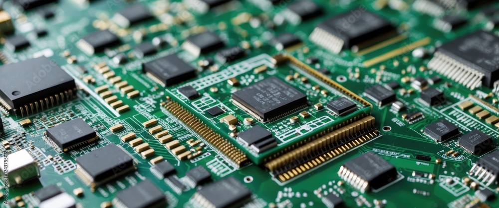 Close-up of a complex computer circuit board featuring numerous small electronic components and intricate connections on a green substrate. Close-up of a complex computer circuit board featuring numerous small electronic components and intricate connections on a green substrate.
