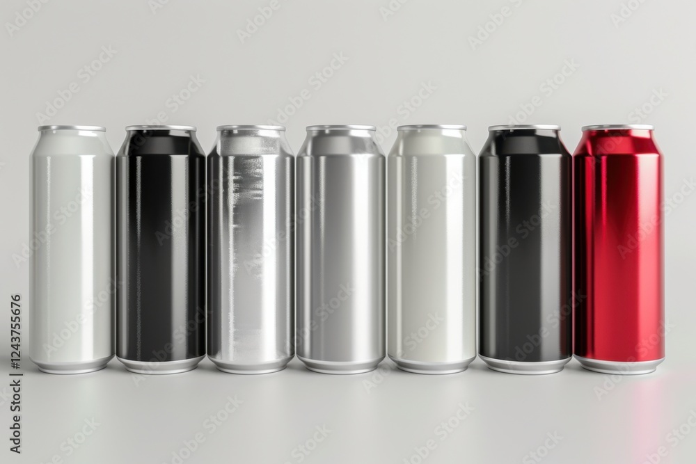 Elegant 3D render of aluminum slim cans in silver, white, black, and red, standing upright on a white background, ideal for beer can mockup templates Elegant 3D render of aluminum slim cans in silver, white, black, and red, standing upright on a white background, ideal for beer can mockup templates