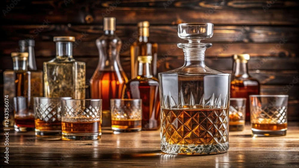 Whiskey glass sitting next to a decanter on a wooden table, surrounded by other glasses and bottles, wooden table, decanter, spirits, table setting, barware Whiskey glass sitting next to a decanter on a wooden table, surrounded by other glasses and bottles, wooden table, decanter, spirits, table setting, barware