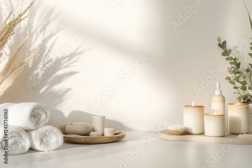 Wallpaper Mural Conjunto de itens de spa com toalhas, velas e elementos decorativos em tons neutros, capturados com luz natural suave, criado com IA generativa. Torontodigital.ca