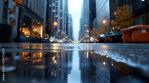 Raindrenched sidewalk with puddles reflecting city skyscrapers, urban beauty in details, cinematic perspective photo