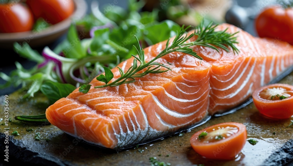 Fresh Salmon Fillet Garnished with Herbs Served with Cherry Tomatoes and Mixed Greens on Dark Slate Background Fresh Salmon Fillet Garnished with Herbs Served with Cherry Tomatoes and Mixed Greens on Dark Slate Background
