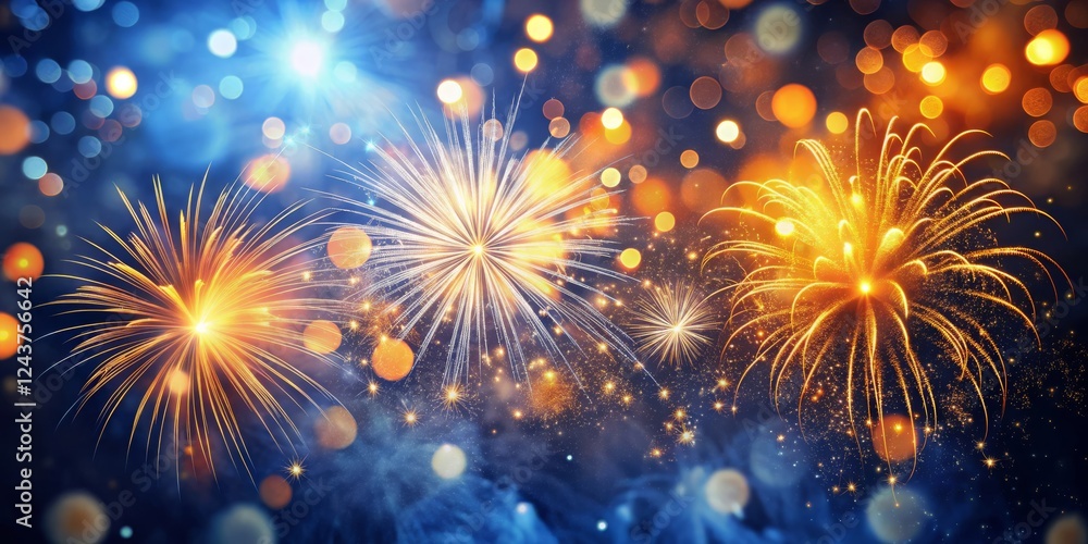 Fototapeta premium Festive Fireworks Bokeh Background, Gold and White Explosions