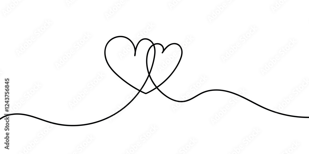 Two hearts in a simple one-line style and love signs. Love background in continuous linear drawing. linear minimal vector illustration on white background. Valentine's day banner, wedding card