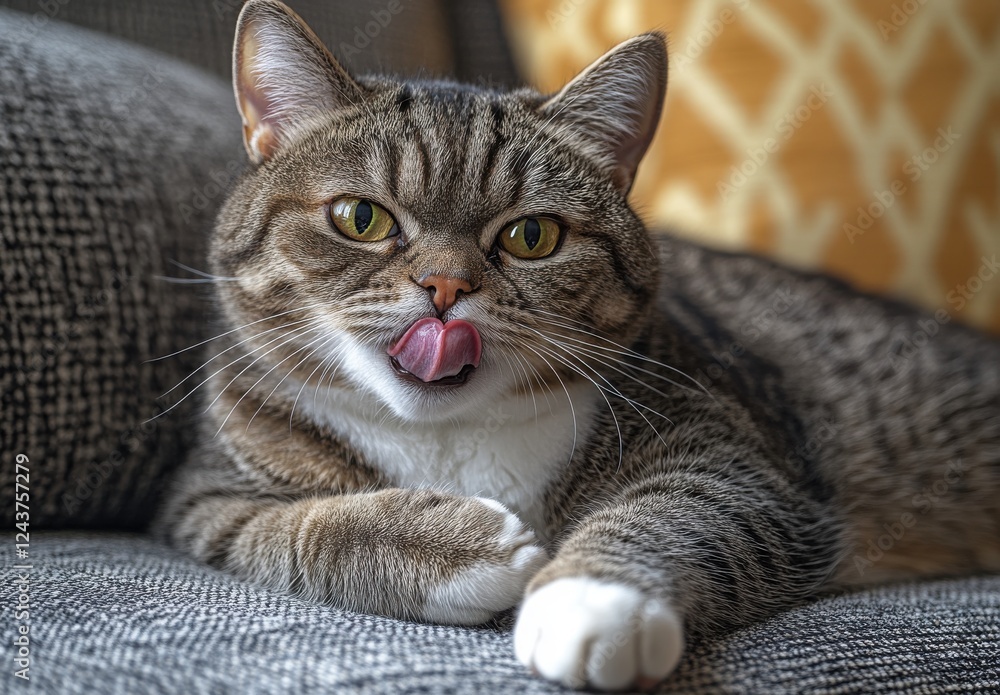 Obraz premium Adorable tabby cat resting on a couch with a playful expression and tongue out, showcasing its lively personality and unique fur pattern