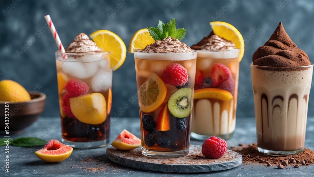 Fototapeta premium Fresh Fruit Low Calorie Drinks with Iced Tea and Chocolate Topped Desserts on Table with Copy Space for Text in Vibrant Setting