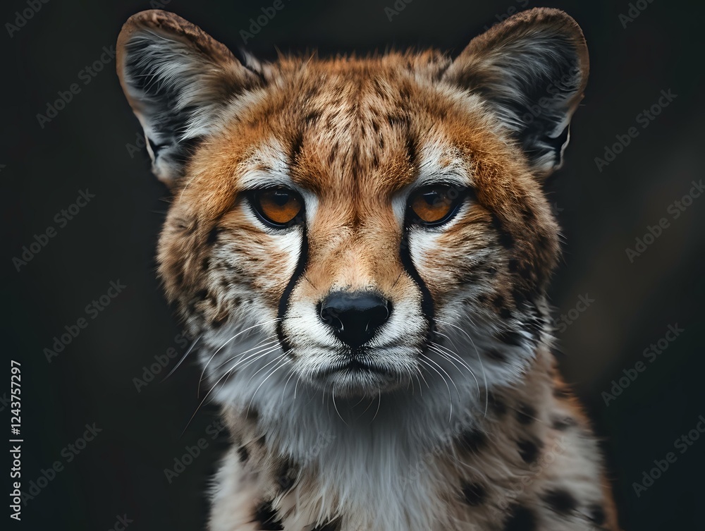 Dramatic close-up portrait of a cheetah with intense blue eyes against dark background, showcasing the wild cat's distinctive spotted coat and facial features perfect for wildlife projects. Dramatic close-up portrait of a cheetah with intense blue eyes against dark background, showcasing the wild cat's distinctive spotted coat and facial features perfect for wildlife projects.
