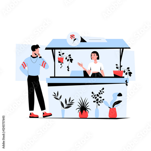 Flower Market Stall With Female Vendor And Male Customer In Flat Vector Illustration Symbolizing Flower Business, Street Market, And Floristry, Isolated On White Background