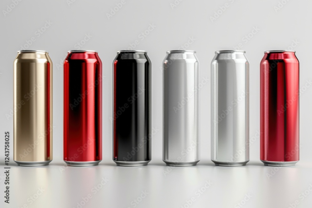 Elegant 3D render of aluminum slim cans in silver, white, black, and red, standing upright on a white background, ideal for beer can mockup templates Elegant 3D render of aluminum slim cans in silver, white, black, and red, standing upright on a white background, ideal for beer can mockup templates