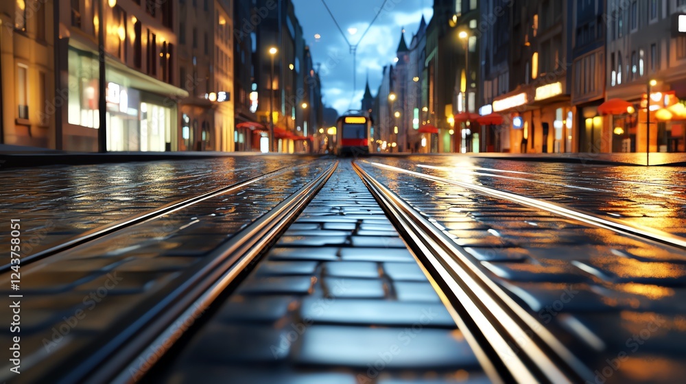 Street with tram tracks, European vibe, nostalgic feel, 3D illustration Street with tram tracks, European vibe, nostalgic feel, 3D illustration