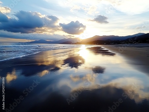 Stunning sunset on a coastal beach, dramatic sky reflecting on wet sand, gentle waves rolling in, peaceful and dreamy atmosphere, ultraHD scenic view
