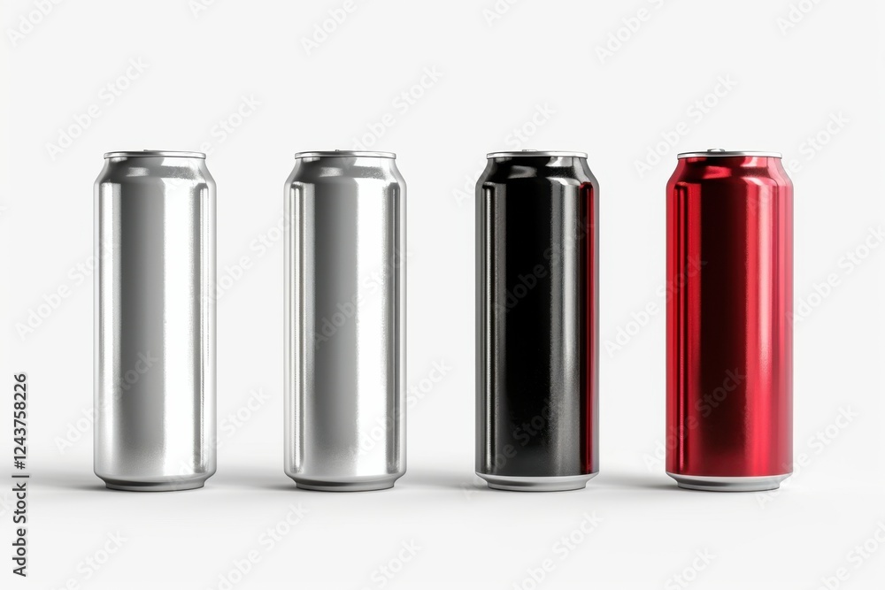 Elegant 3D render of aluminum slim cans in silver, white, black, and red, standing upright on a white background, ideal for beer can mockup templates Elegant 3D render of aluminum slim cans in silver, white, black, and red, standing upright on a white background, ideal for beer can mockup templates