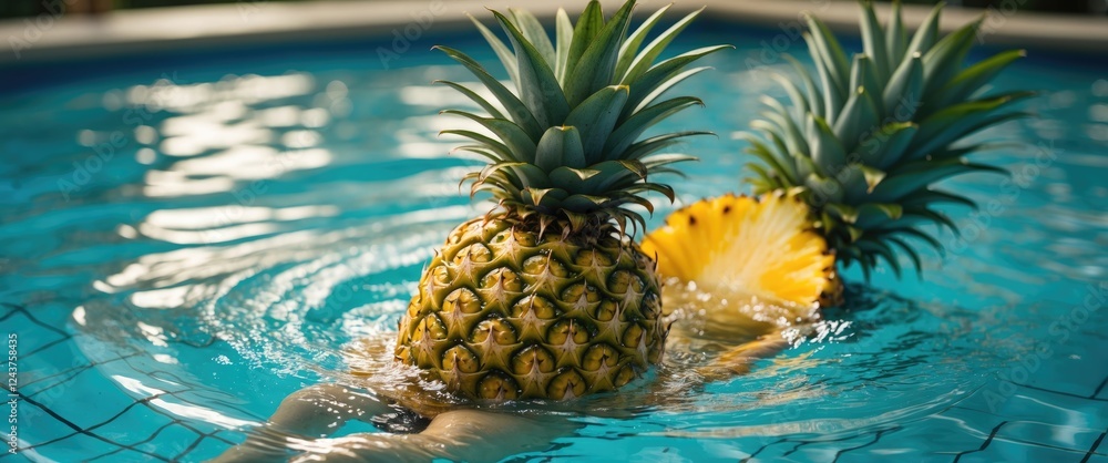 Pineapples floating playfully in a pool surrounded by vibrant blue water creating a whimsical summer vibe and fun atmosphere. Pineapples floating playfully in a pool surrounded by vibrant blue water creating a whimsical summer vibe and fun atmosphere.