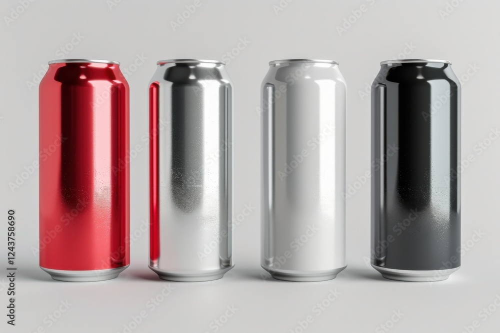 Elegant 3D render of aluminum slim cans in silver, white, black, and red, standing upright on a white background, ideal for beer can mockup templates Elegant 3D render of aluminum slim cans in silver, white, black, and red, standing upright on a white background, ideal for beer can mockup templates
