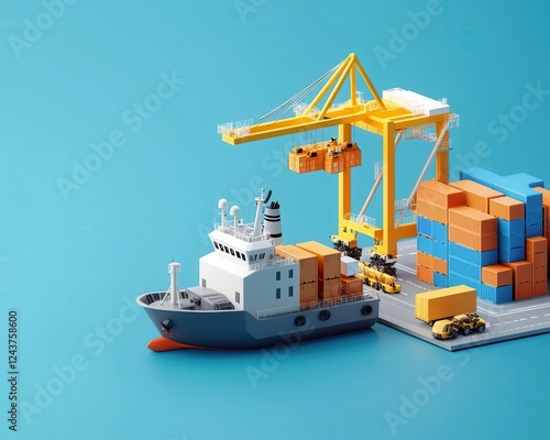 AIcontrolled shipping port with automated cranes and selfnavigating cargo ships photo