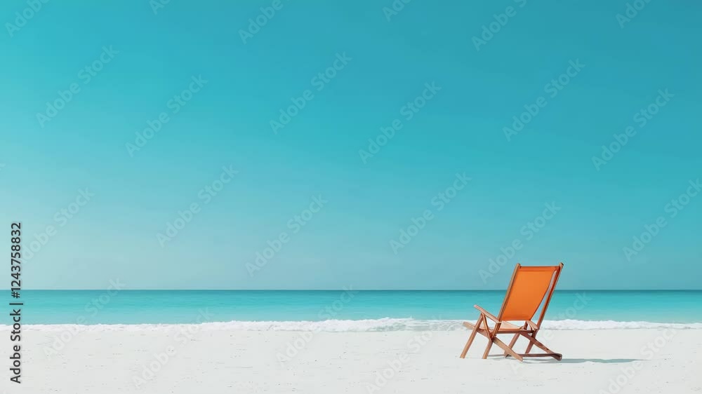 Gentle ocean waves rolling toward solitary orange deck chair resting on pristine sandy beach, encompassing serene coastal tranquility under bright blue sky Gentle ocean waves rolling toward solitary orange deck chair resting on pristine sandy beach, encompassing serene coastal tranquility under bright blue sky