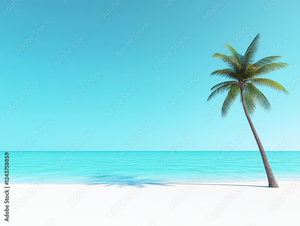 Tropical beach, crystalclear turquoise waters, palm trees, 3D illustration Tropical beach, crystalclear turquoise waters, palm trees, 3D illustration
