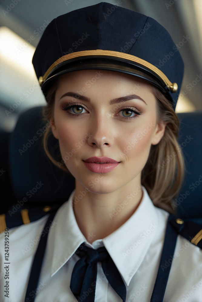 Civil Aviation Flight Attendant in a Beautiful Uniform Greeting Passengers Civil Aviation Flight Attendant in a Beautiful Uniform Greeting Passengers