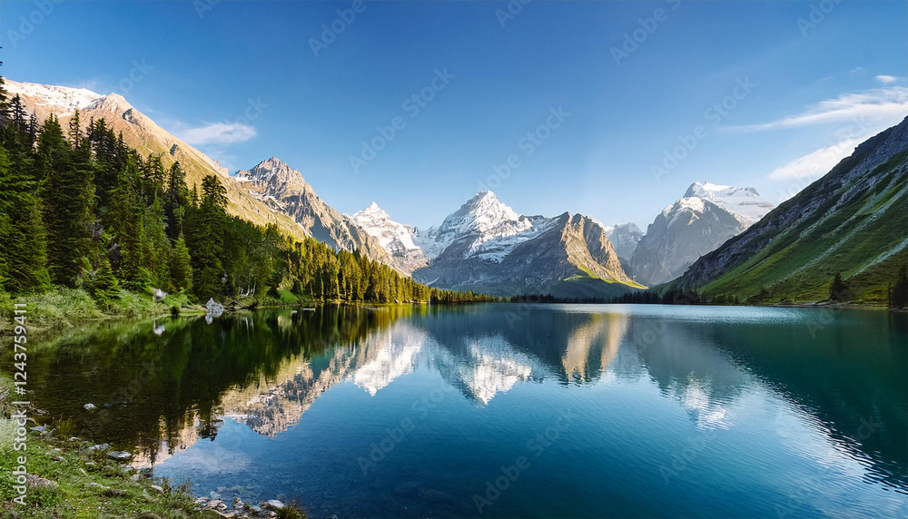 Naklejka premium a tranquil lake surrounded by majestic mountains reflects the calm beauty of nature perfect for relaxation and inspiration