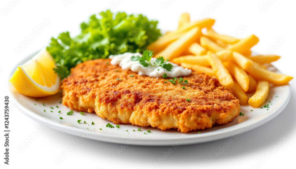 Crispy Breaded Chicken Cutlet with French Fries and Salad Crispy Breaded Chicken Cutlet with French Fries and Salad
