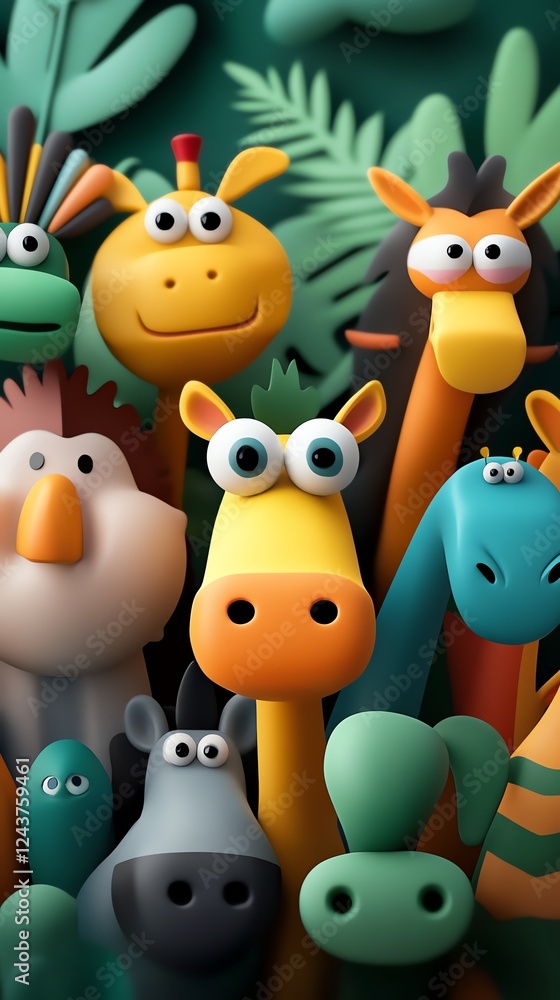 Naklejka premium Safari theme park, interactive animal rides, jungle adventure, 3D illustration