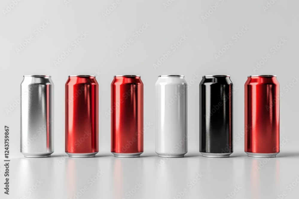 Elegant 3D render of aluminum slim cans in silver, white, black, and red, standing upright on a white background, ideal for beer can mockup templates Elegant 3D render of aluminum slim cans in silver, white, black, and red, standing upright on a white background, ideal for beer can mockup templates