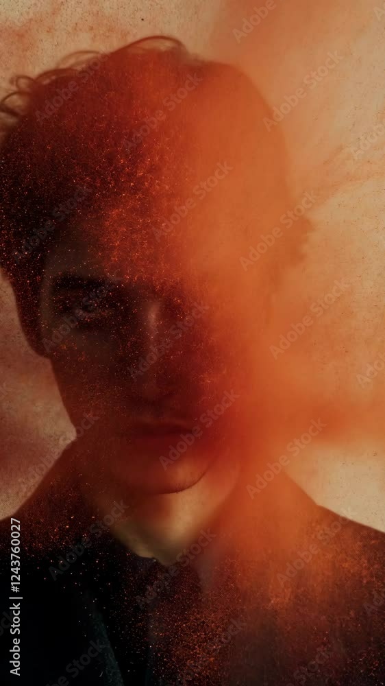 Mysterious figure emerges from a cloud of vibrant orange dust in an artistic portrait Mysterious figure emerges from a cloud of vibrant orange dust in an artistic portrait