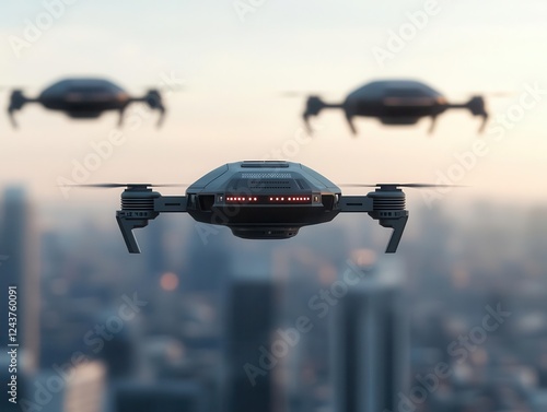 AIdriven defense industry with autonomous surveillance drones patrolling a highsecurity area photo