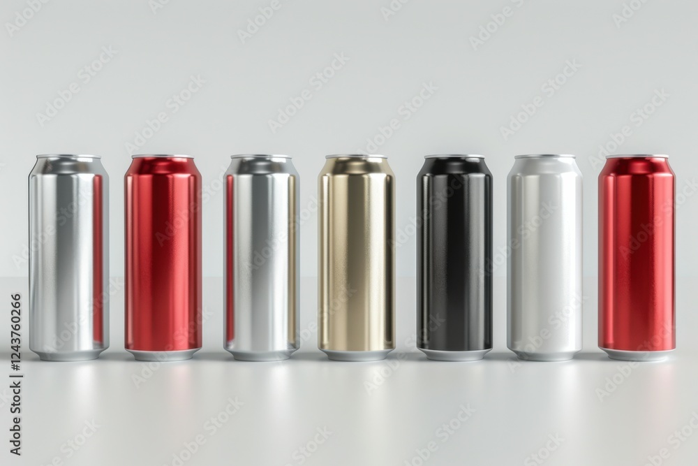 Elegant 3D render of aluminum slim cans in silver, white, black, and red, standing upright on a white background, ideal for beer can mockup templates Elegant 3D render of aluminum slim cans in silver, white, black, and red, standing upright on a white background, ideal for beer can mockup templates