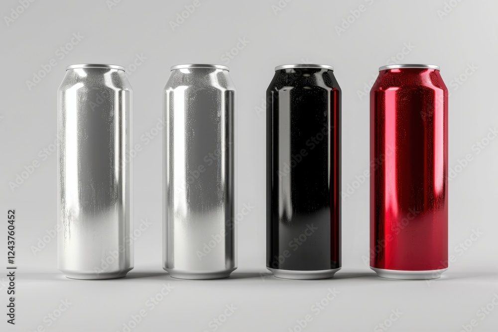 Elegant 3D render of aluminum slim cans in silver, white, black, and red, standing upright on a white background, ideal for beer can mockup templates Elegant 3D render of aluminum slim cans in silver, white, black, and red, standing upright on a white background, ideal for beer can mockup templates