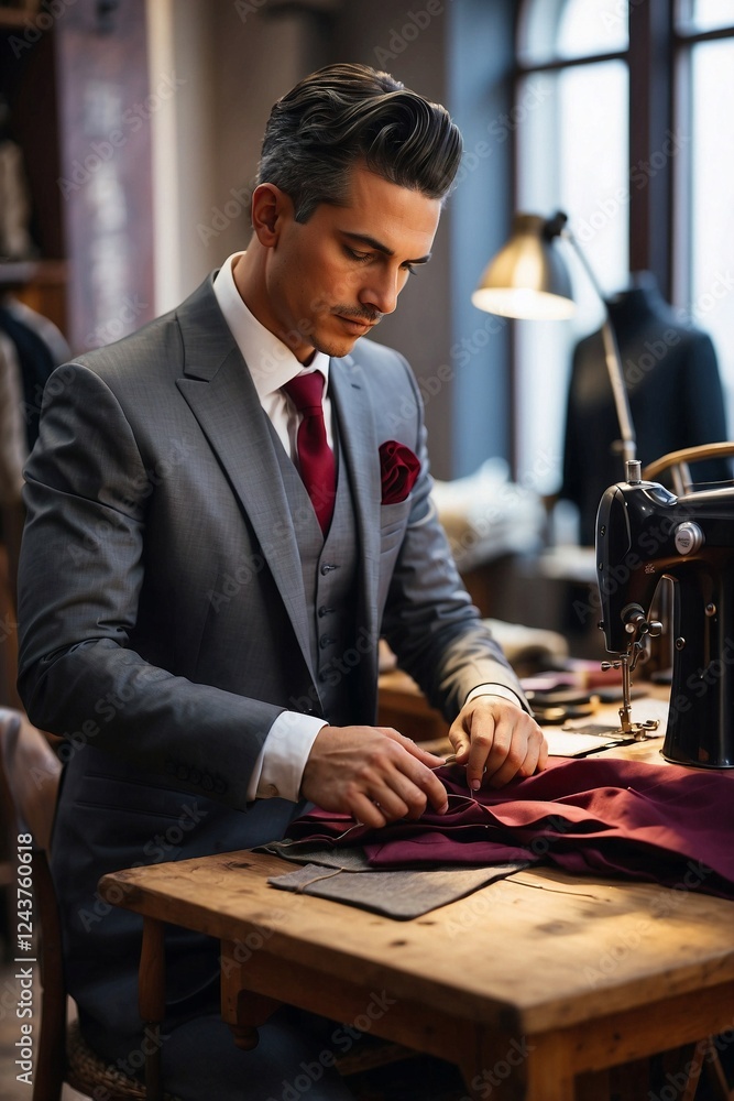 Professional Tailor Working in His Sewing Workshop, Concentrated on Crafting Unique Outfits Professional Tailor Working in His Sewing Workshop, Concentrated on Crafting Unique Outfits
