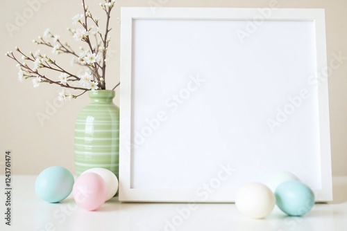 spring themed still life blank canvas branches pastel eggs photo