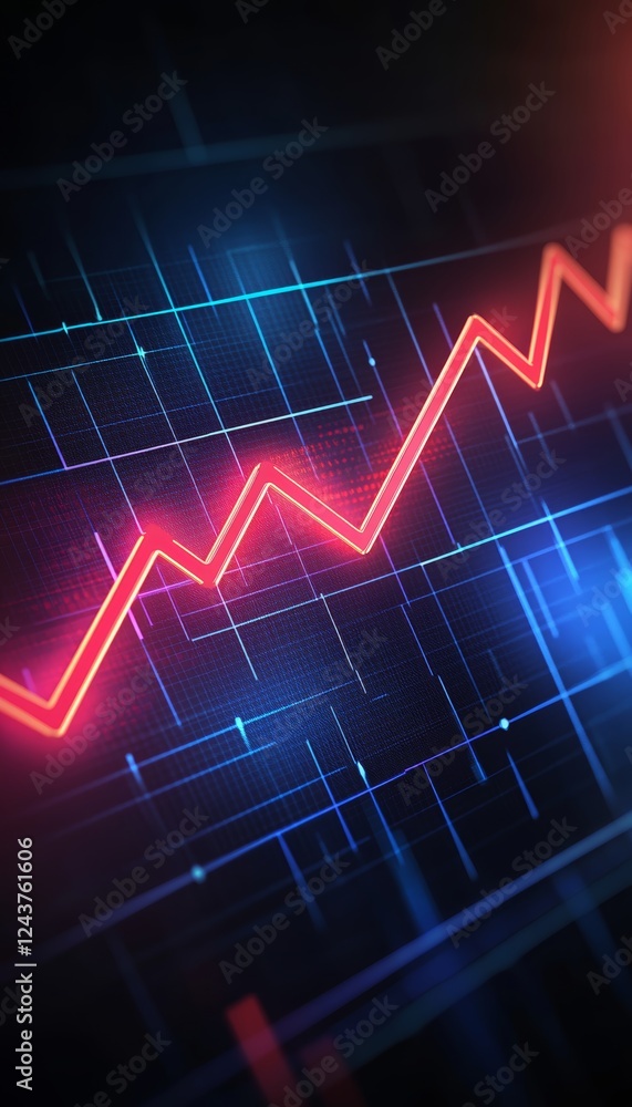 Neon Red Ascending Graph Line on Blue Background, Business Growth, Financial Success Concept Neon Red Ascending Graph Line on Blue Background, Business Growth, Financial Success Concept