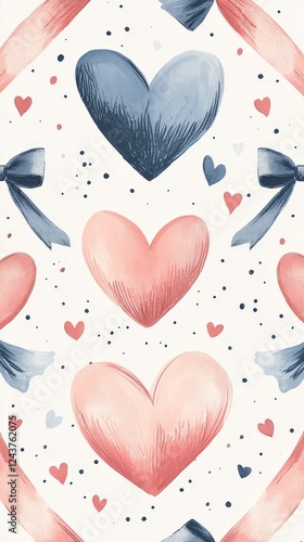 A seamless pattern featuring hand-drawn ribbons and hearts on a white background. Ideal for gift wrapping, holidays, and feminine-themed designs.