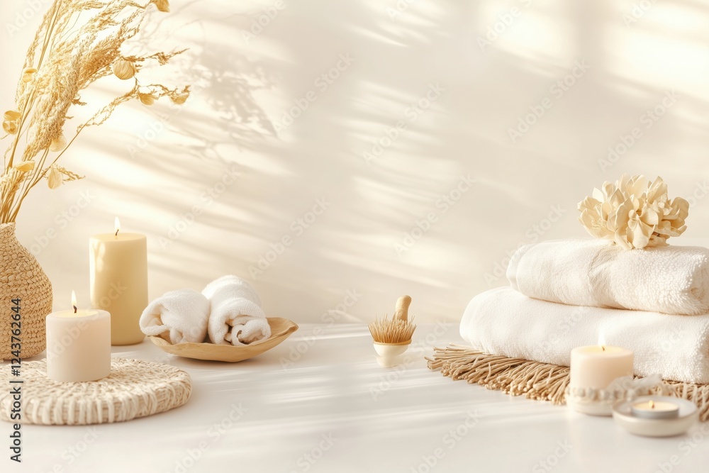 Obraz premium Conjunto de itens de spa com toalhas, velas e elementos decorativos em tons neutros, capturados com luz natural suave, criado com IA generativa.