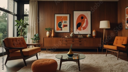 Retro 1960s interior design poster with iconic mid-century furniture and decor photo