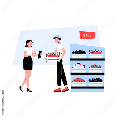 Male Vendor Selling Fresh Produce To Female Customer In Flat Vector Illustration Symbolizing Farmers Market, Grocery Shopping, And Fresh Food, Isolated On White Background