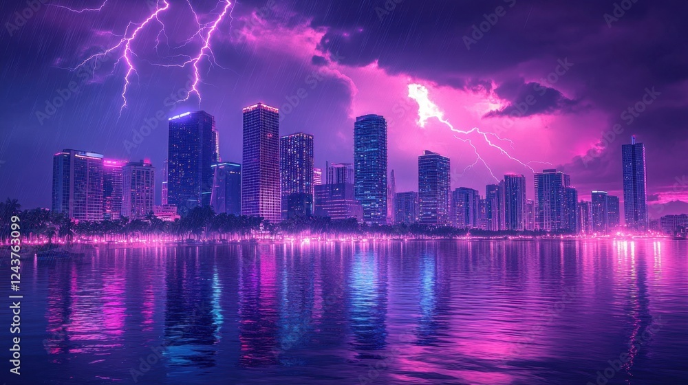 Obraz premium A cyberpunk-inspired city skyline with an intense electrical storm overhead, neon reflections on wet streets, futuristic and striking composition
