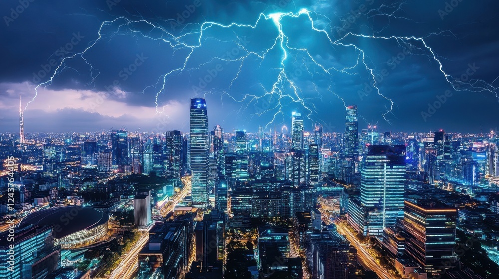 A digital thunderstorm forming above a smart city, electric currents running through skyscrapers, AI-driven energy pulses illuminating the skyline A digital thunderstorm forming above a smart city, electric currents running through skyscrapers, AI-driven energy pulses illuminating the skyline