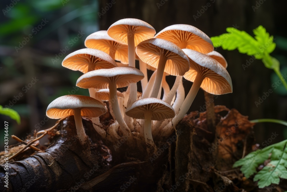 Fototapeta premium Cluster of mushrooms growing on decaying log in a shady forest, illuminated by sunlight