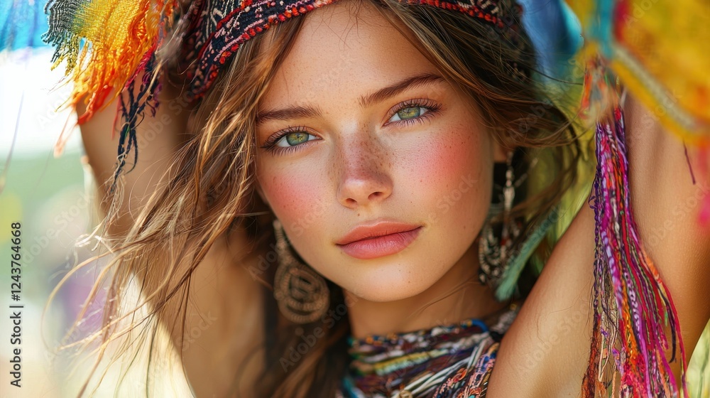 Obraz premium Close up portrait of a young woman with freckles and green eyes, wearing colorful bohemian style clothing and jewelry. Bright, natural light.