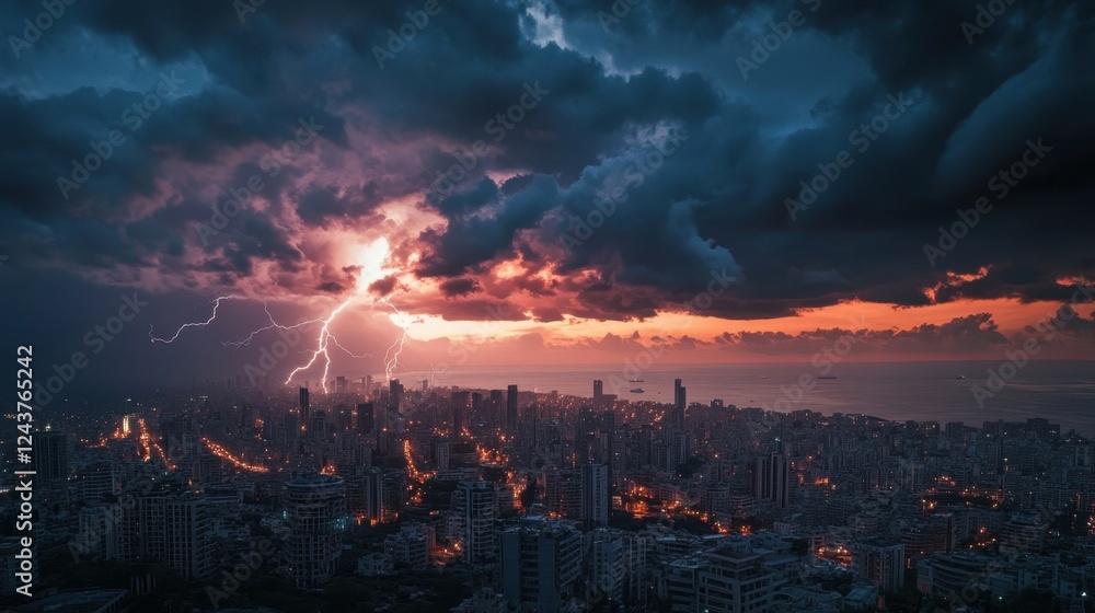 Fototapeta premium A dramatic skyline view of Beirut during a storm, lightning bolts flashing over the Mediterranean, city lights glowing beneath dark clouds