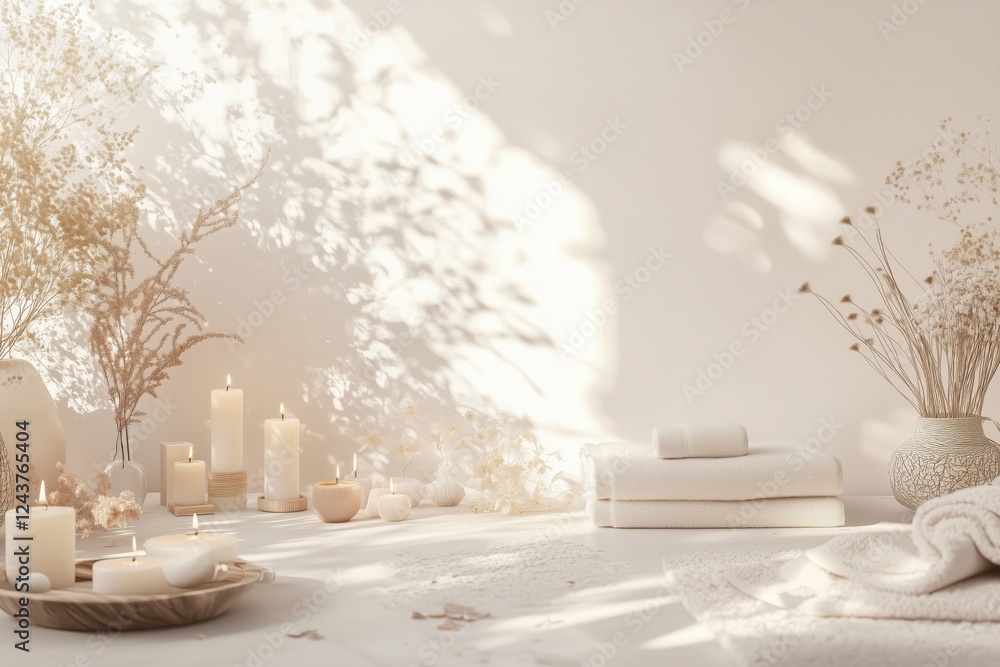 Obraz premium Conjunto de itens de spa com toalhas, velas e elementos decorativos em tons neutros, capturados com luz natural suave, criado com IA generativa.