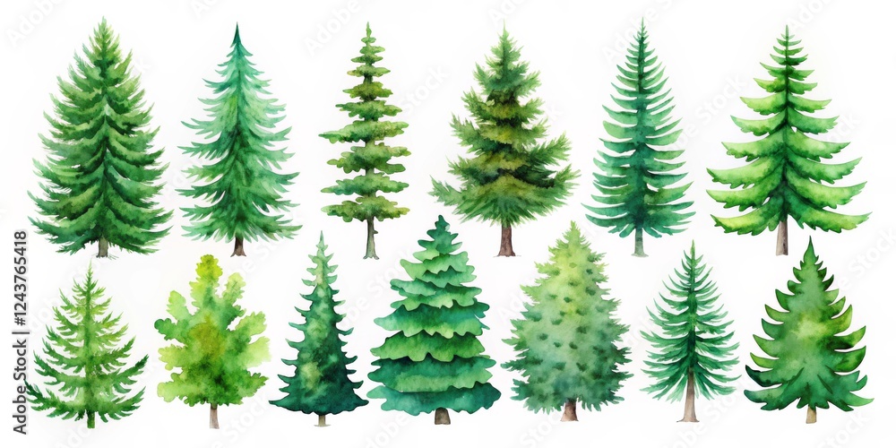 Obraz premium Watercolor Evergreen Collection Diverse Conifer Tree Illustrations
